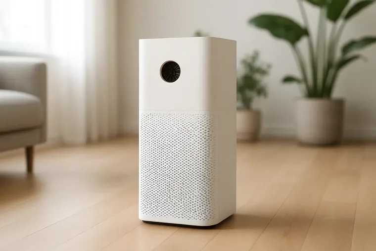 A white air purifier with a perforated lower panel standing on a light wood floor beside a pale armchair and potted plants