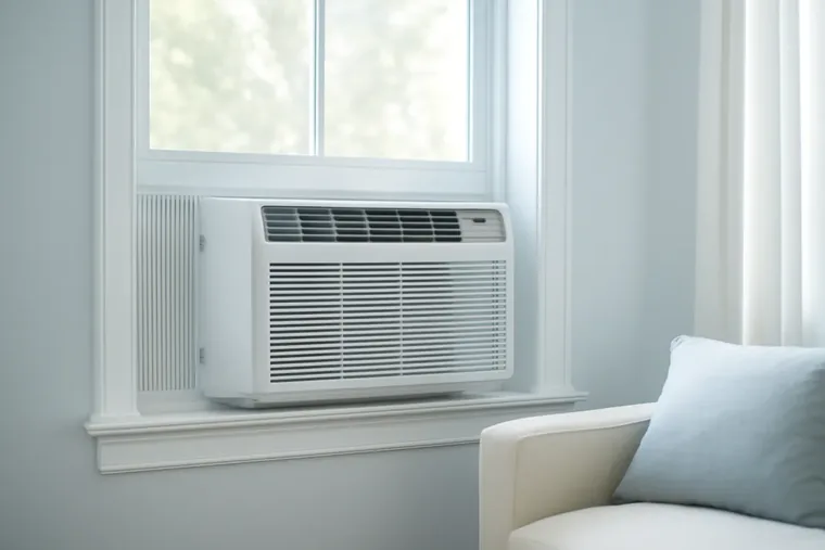 A white window air conditioner mounted in a sunny living room window with cool blue daylight spilling across the floor