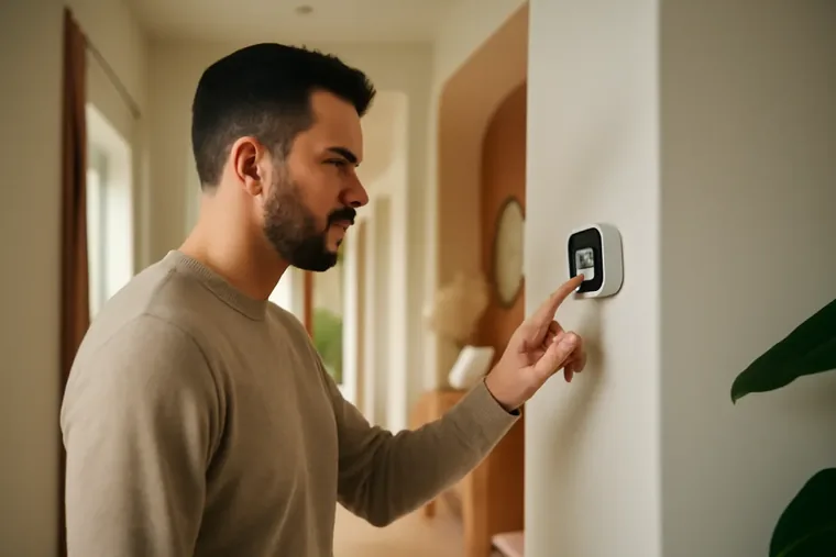 A person adjusting a wall-mounted thermostat in a bright home hallway with warm daylight